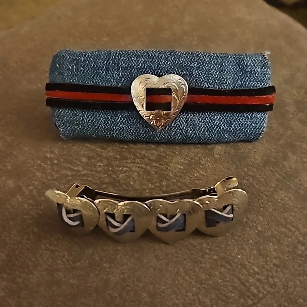 3/$30 Vintage 1980s Western Denim Valentine's Heart Concho Barrettes